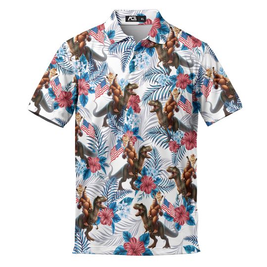 Funny Tropical Cat Bigfoot Riding Dinosaur Polo Shirt for Men
