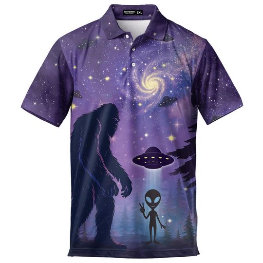 Bigfoot Alien Galaxy Polo Shirt for Men - Funny Short Sleeve Golf Shirt