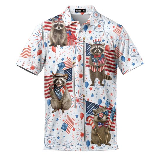Independence Day Raccoon Polo Shirt for Men 4th of July USA Flag Pattern