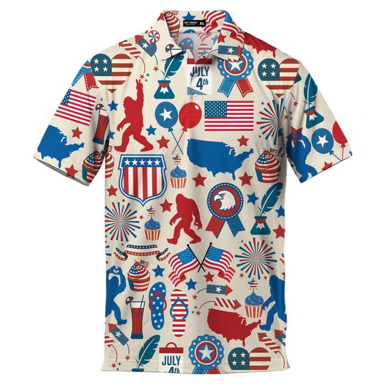 Bigfoot Pattern Polo Shirt for Men - 4th of July Casual Golf Shirt with USA Flag