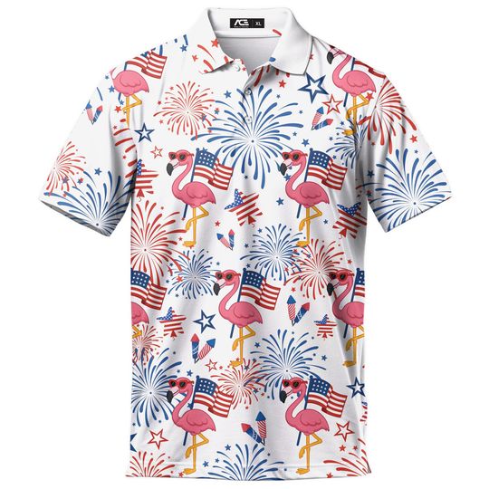 Flamingo USA Flag Polo Shirt for Men - Independence Day Golf Polo - Short Sleeve Button Up