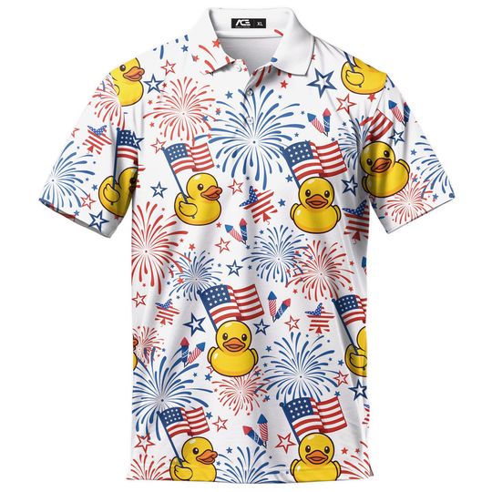 Rubber Duck USA Flag Polo Shirt for Men - Yellow Short Sleeve Button Up Golf Shirt