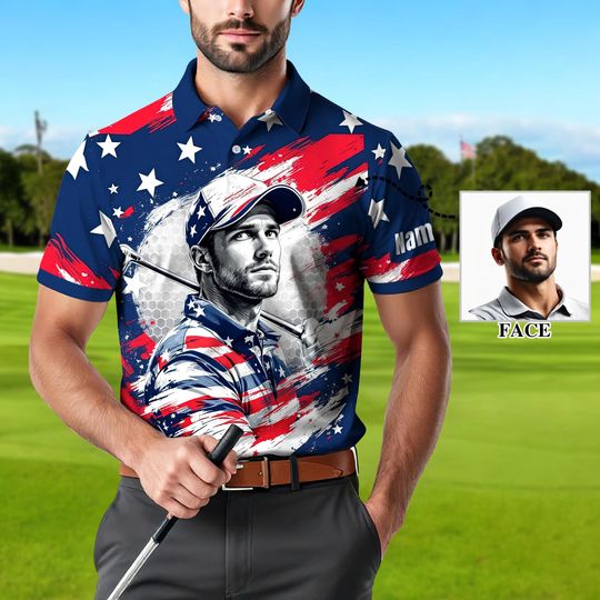 Men's Custom Face Golf Polo Shirt - American Flag Patriotic July 4th Gift, USA Independence Day Polo Tee