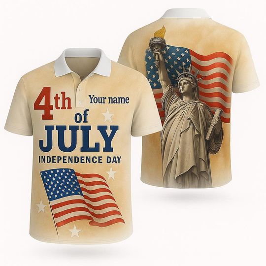4th of July Polo Shirt Statue of Liberty USA Flag Patriotic Shirt for Men