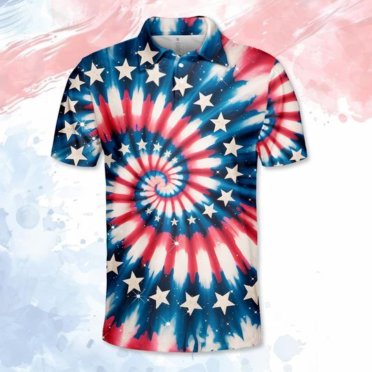 Patriotic Tie Dye Polo Shirt for Men and Women, 4th of July Button Up Short Sleeve Golf Shirt