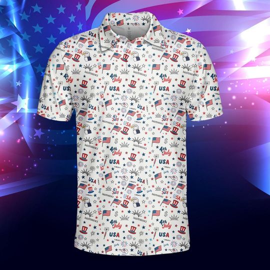 Patriotic USA Golf Polo Shirt, American Flag Design, 4th of July Outfit, Independence Day Polo Gift