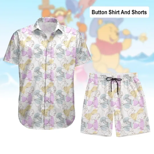Pooh Bear Button Shirt Disney Cartoon Beach  s Winnie The Pooh Tropical Shirt