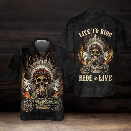 Live To Ride Skull Biker Native American Motorcycle Hawaiian Shirt American Indi