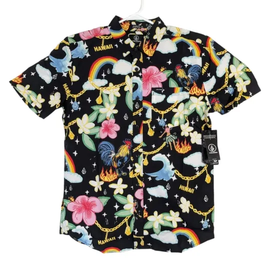 Volcom Mens Small Drew Toonz Classic Fit Short Sleeve Button Up Novelty Shirt