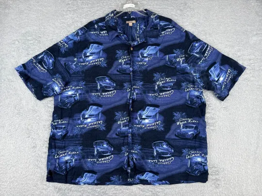 George Shirt Mens 2XL XXL Blue Palm Car 100% Rayon Hawaiian Classic Island Rides