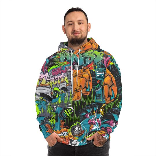 Hip-Hop Urban Street Collage Fashion Hoodie, Graffiti Hip-Hop Characters Hooded Sweatshirt, Music Lover Hoodie, Streetwear Hoodie, Cool