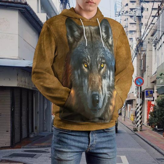 Men's Wolf Hoodie In Dark Tan Coloring To Match 3D Wolf Initials Of Buyer Are Put On The Cuffs Of This Hoodie