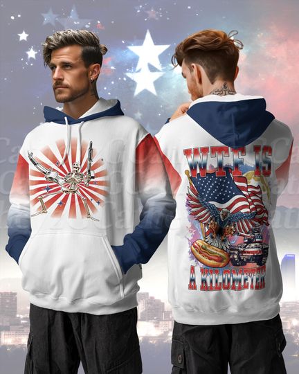 Skeleton 3D Hoodie WTF Is A Kilometer American Identity Symbol Bald Eagle Tank Flag Hotdog