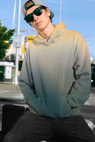 Ombre Patterned Hoodie, Unisex Pullover Sweatshirt, Men's Women's Hooded Jumper, Orange Grey Dotted Sweater, 3D Look Clothing