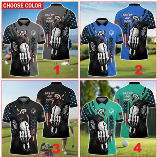 Custom Grim Reaper Golf Polo Shirt, "Shut Up and Swing" USA Flag Design, Men's Skull Golf Team Jersey, Perfect Gift for Dad