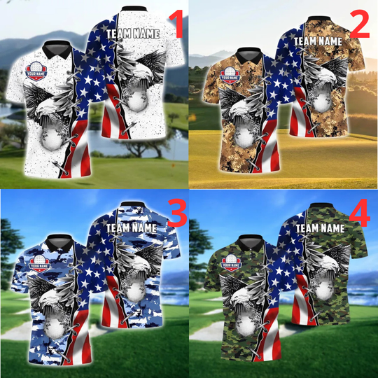 American Flag Polo Shirt with Bald Eagle, Custom Name & Team, Patriotic Golf Jersey for Dad