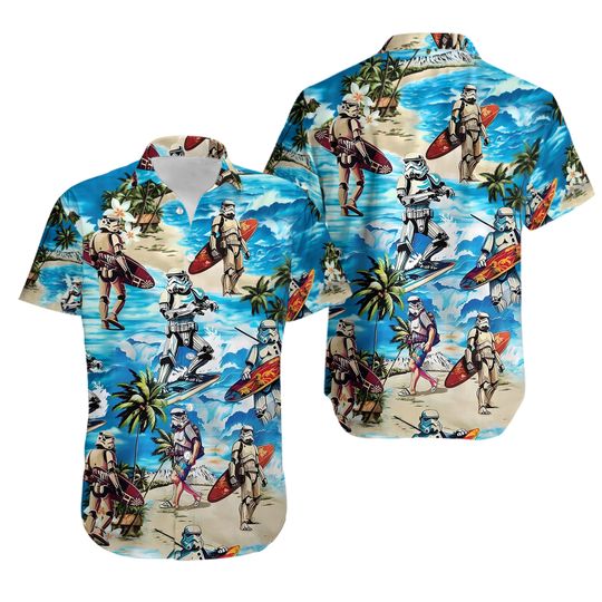 Stormtrooper Surfing Hawaii Shirt, Star Wars Movie Button Shirt, Star Wars Galaxy Hawaiian Shirt, Beach Shorts, Disneyland Summer Shirt