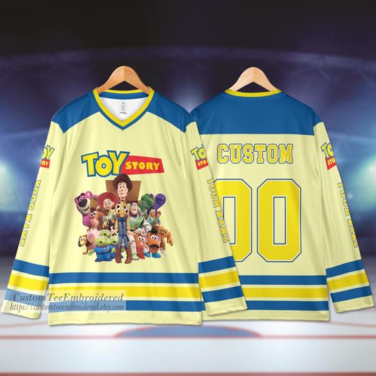 Cartoon Toy Story Hockey Jersey, Woody And Friends Inspired Hockey Custom Jersey, Hockey Cartoon Movie Team Jersey