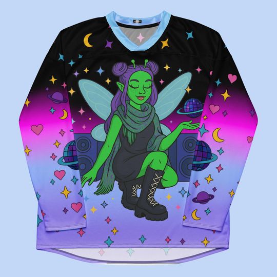 Bass Babe Alien Hockey Jersey - Psychedelic Men's Hockey Jersey, Rave Outfit, Y2K Clubwear, Long Sleeve Top