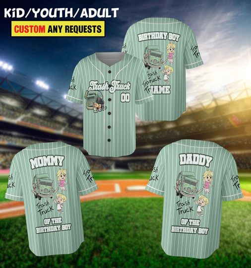 Personalized Trash Truck Baseball Jersey, Hank Trash Truck Birthday Boy, Birthday Girl Jersey, Trash Truck Family Birthday Party Matching