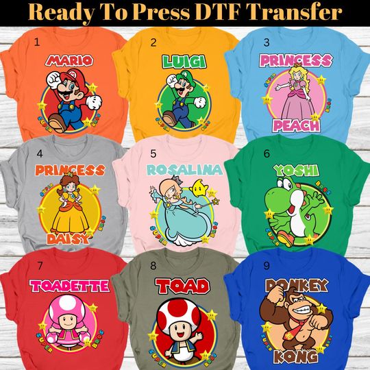 Super Mario Family DTF, Custom Character Super Mario T-Shirt, Super Mario and Friends DTF, Super Mario Birthday Shirt, Mario Matching Tee