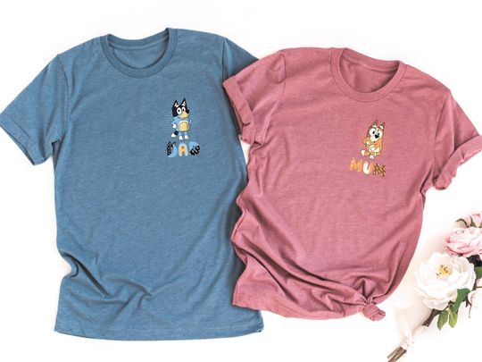 Pocket Design Dancing Blue Dog Dad Mum Shirts , Matching Couple  Shirts , Cute Mum Shirts