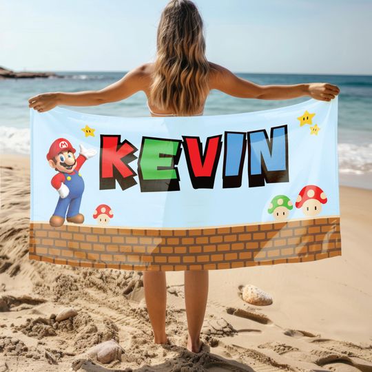 Custom Super Mario Name Towel, Personalized Towel Gift, Super Mario Towel, Summer Pool Towel, Custom Birthday Gift for Kids, Bath Towel