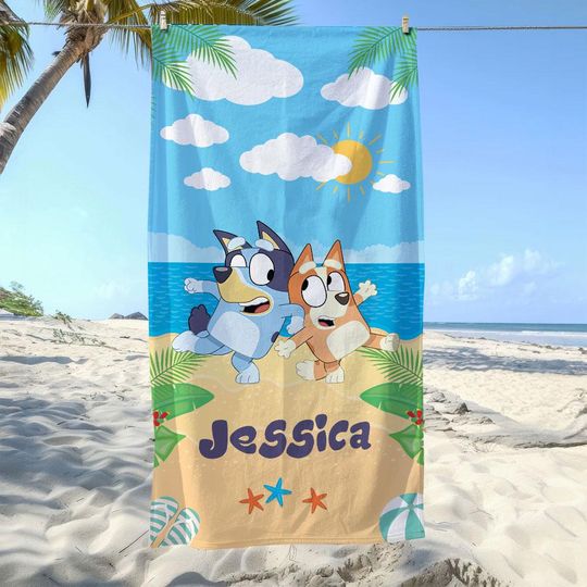Personalized BlueyDad Beach Towel, Custom Name Beach Towel, Towel for Kids Toddlers, BlueyDad Cartoon Towel Gift For Kids, Summer Vacation Gift