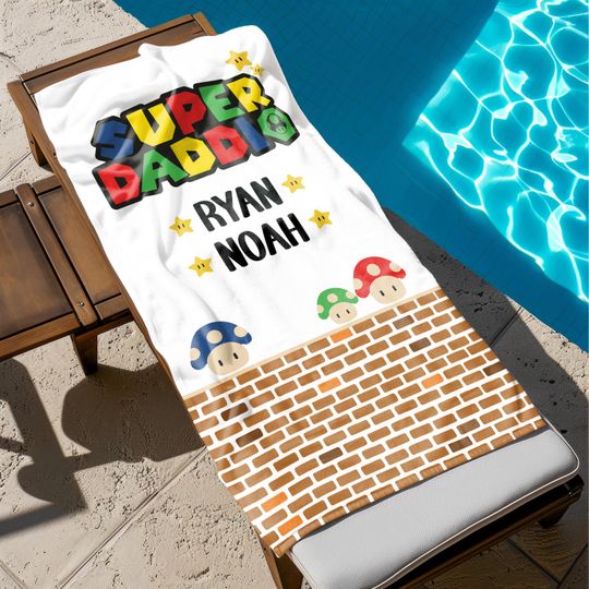 Personalized Super Mario Father's Day Towel Gift, Kids Name Towel, Super Daddio Towel, Gift for Dads, Pool Towel, Bath Towel, Custom Towel