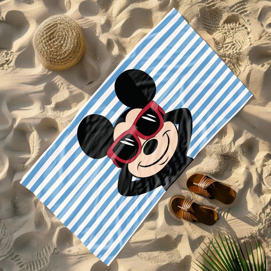Disney Mickey Towel, Striped Towels, Blue Towels, Mickey Head, Disney Characters, Gift for Kids' Birthday Party, Pool Towel, Bath Towel