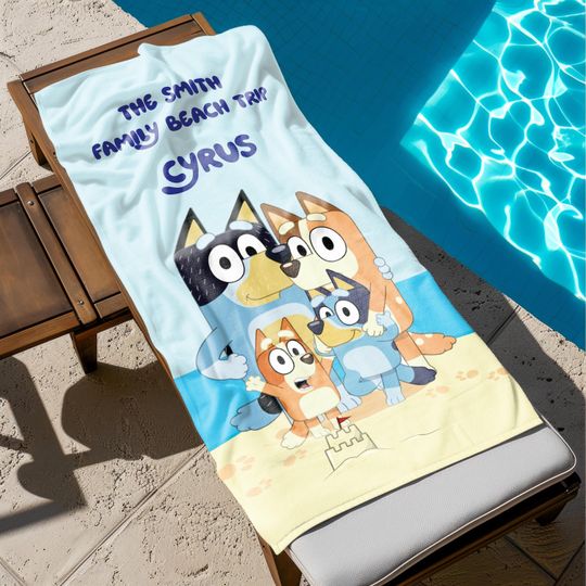 Personalized BlueyDad Beach Towel, Custom Name Kids Towel, Family Vacation Gift, Cartoon Pool Towel, Summer Beach Accessories