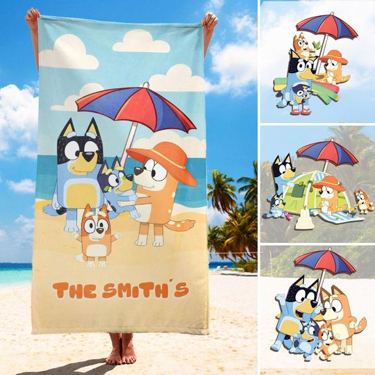 Personalized BlueyDad Beach Towel for Kids, Custom Name Cartoon Towel Gift, Pool Towel for Toddlers