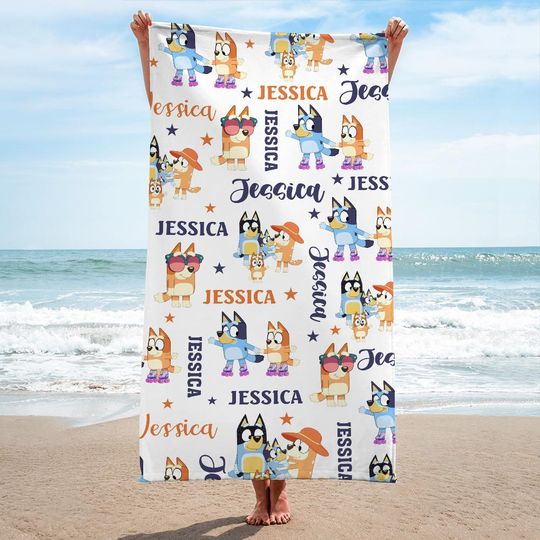 Personalized BlueyDad Beach Towel for Kids, Custom Name Beach Towel, Perfect Birthday Gift