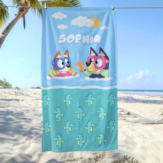 Personalized BlueyDad Beach Towel - Custom Name Towel for Kids & Toddlers, Cartoon Gift for Summer Vacation