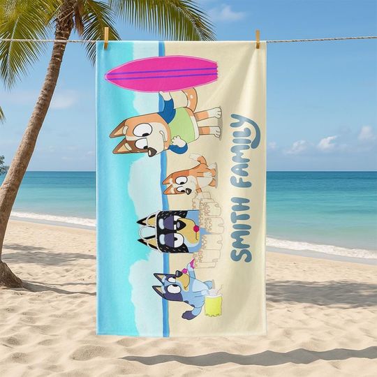 Personalized BlueyDad Beach Towel, Custom Family Name Towel for Kids, Summer Vacation Gift