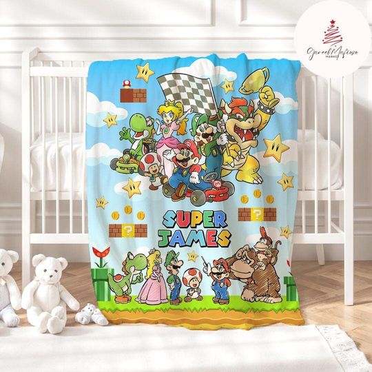Personalized Super Mario Fleece Blanket, Luigi Birthday Boy, Princess Peach Birthday Girl, Family Baby Shower Gift