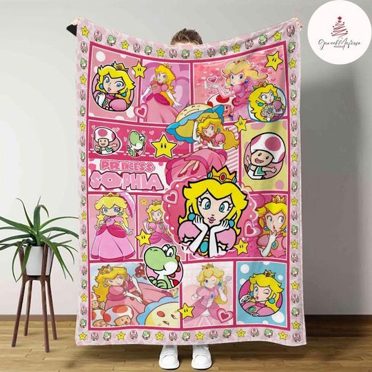 Personalized Super Mario Princess Peach Fleece Blanket - Birthday Girl Home Decoration Gift