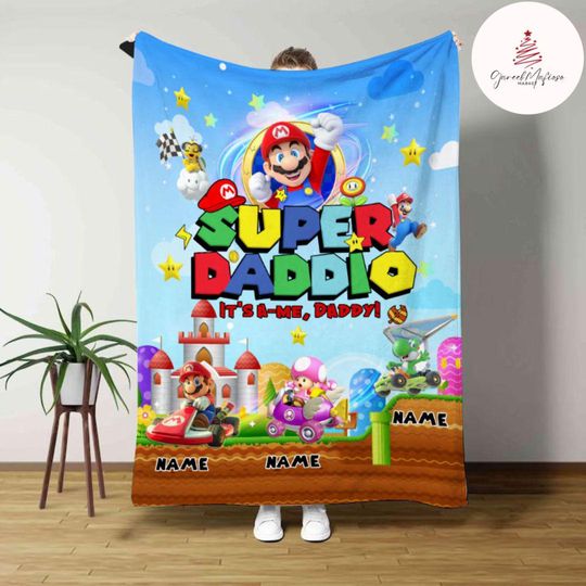 Personalized Super Mario Dad Fleece Blanket, Luigi & Princess Peach Design for Father's Day and Dad's Birthday Gift