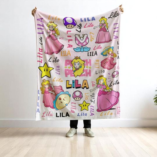 Princess Peach Personalized Blanket for Girls - Cute Pink Fleece Blanket
