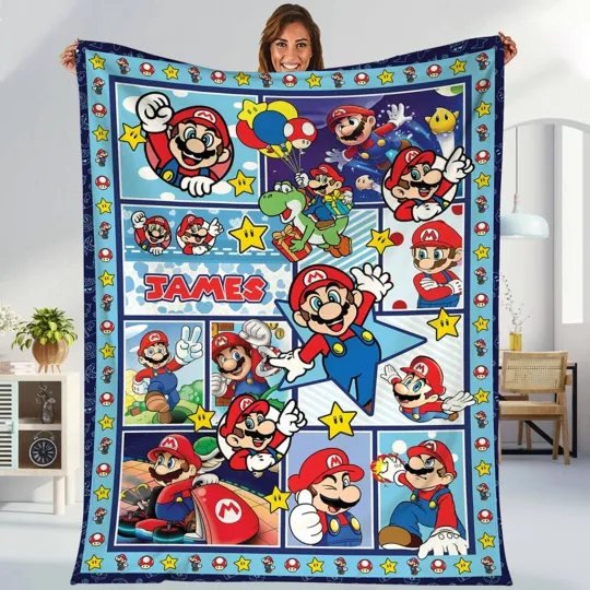 Personalized Super Mario Fleece Blanket - Mario, Luigi, Princess Peach & Bowser
