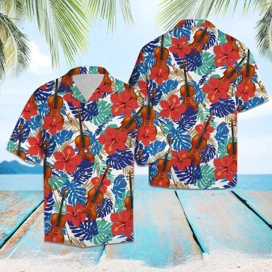 Violin Hibiscus Hawaiian Shirt Casual Button Down Shirt Beach Summer Unisex