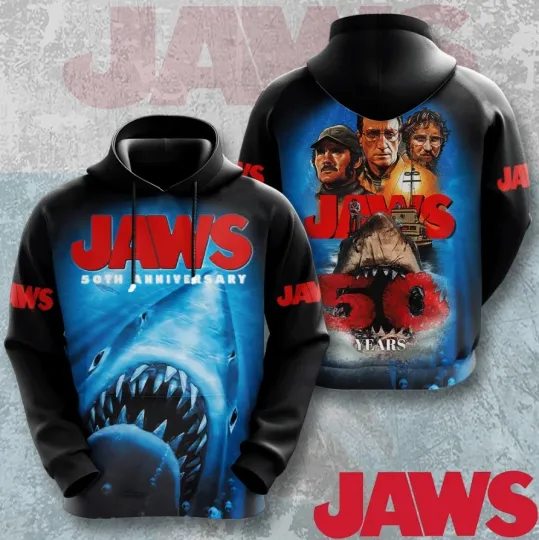 Ja.w.s 3D Hoodie 50th Anniversary, 1975-2025, Ultimate Fan Gear, Great Quality