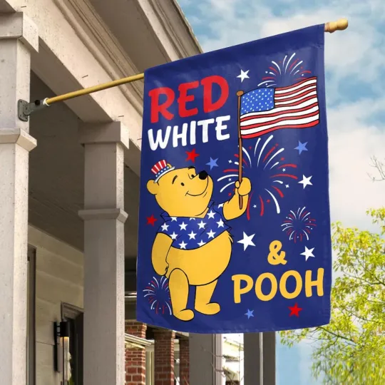 Red White and Pooh Bear Patriotic 4th of July House Flag