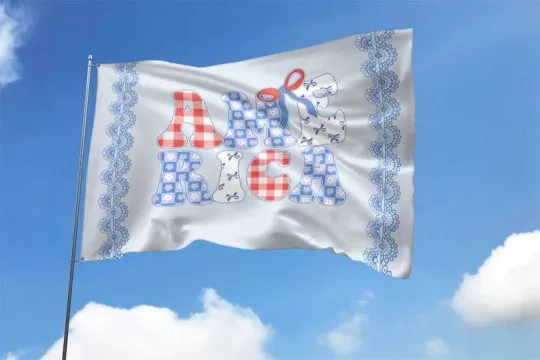 America Floral Coquette Bow Patriotic House Flag - Red White Blue Happy 4th of July