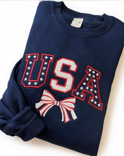 USA 4th Of July Embroidery Sweatshirt, USA Embroidery Shirt, Patriotic Tee, American Flag and Dainty Bow Embroidered Crewneck