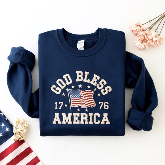 God Bless America Embroidered Sweatshirt, 4th of July Embroidery Shirt, USA T-shirt, American Shirt, Religious Gift, Independence Day Gift