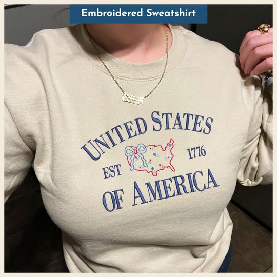 Embroidered American Flag Sweatshirt USA Patriotic Fourth of July Crewneck Red White Blue Summer Outfit Independence Day Gift