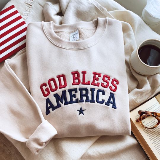 God Bless America Embroidered Sweatshirt, 4th of July Embroidery Shirt, USA T-shirt, American Shirt, Religious Gift, Independence Day Gift