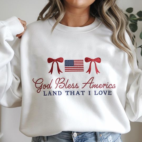 God Bless America Embroidered Sweatshirt, Patriotic 4th of July Crewneck, Red White Blue Bow USA Shirt,  Independence Day Gift