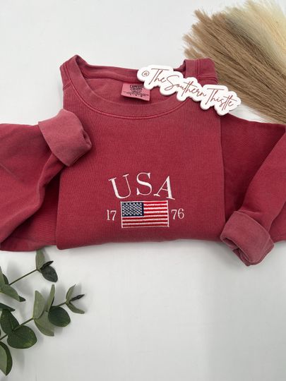 Embroidered USA Crewneck Sweatshirt, Personalized American Apparel, Custom Embroidery, Patriotic Gift American Flag Design